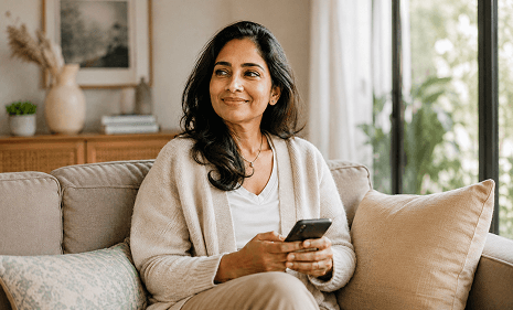 Woman smiling on a sofa while using her phone