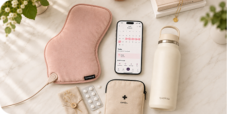 Period care essentials — heating pad, tracker, and comfort items
