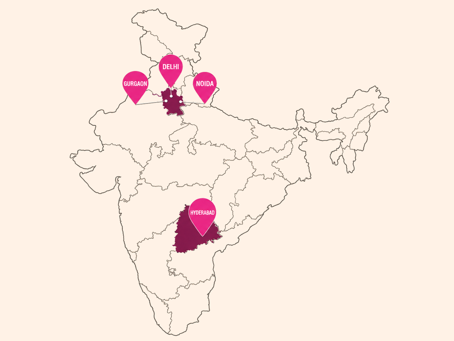 Newmi clinic locations across India: Gurgaon, Delhi, Noida and Hyderabad